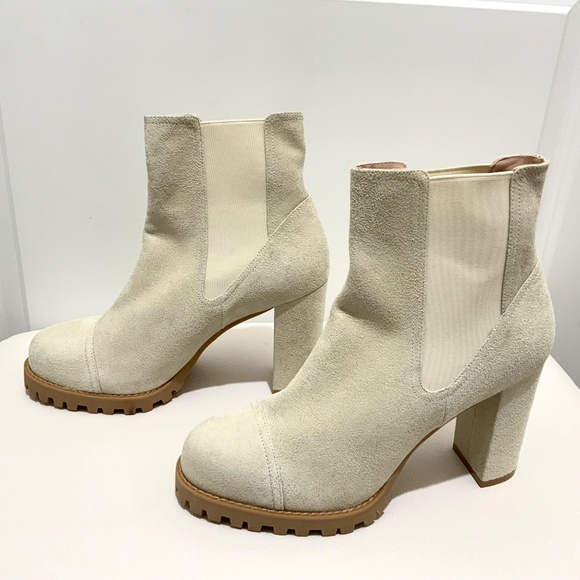 Stuart Weitzman Beige Leather Goring Lug Sole Wenda Almond Toe Block Heel Bootie - Picture 6 of 12